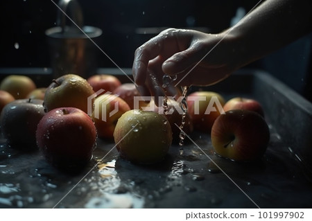 Hands of woman washing ripe apples under faucet in the sink kitchen. made with generative AI Hands of woman washing ripe apples under faucet in the sink kitchen. made with generative AI 101997902
