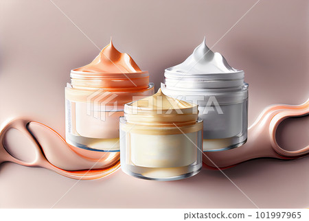 Three open jars with cosmetic cream, pastel color, stand on a light background 101997965