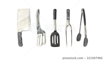 Watercolor set elements grill, kitchen tools for cooking bbq:spatula,fork,tongs and knife grilling. Hand-drawn illustration isolated on white background.Perfect for menu cafe, restaurant, kit barbecue 101997966