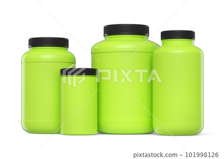 Set of green plastic jar for sport nutrition protein powder isolated on white Set of green plastic jar for sport nutrition protein powder isolated on white 101998126