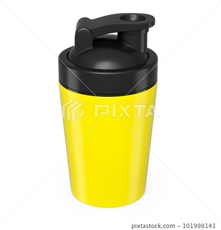 Yellow plastic sport shaker for protein drink isolated on white background. Yellow plastic sport shaker for protein drink isolated on white background. 101998141