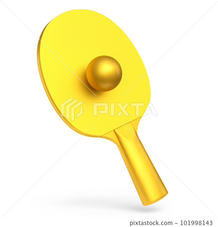 Yellow ping pong racket for table tennis with gold ball isolated on white 101998143