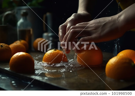 Hands of woman washing ripe orange under faucet in the sink kitchen. made with generative AI 101998500