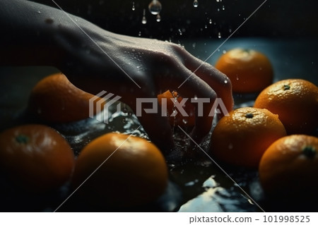 Hands of woman washing ripe orange under faucet in the sink kitchen. made with generative AI 101998525