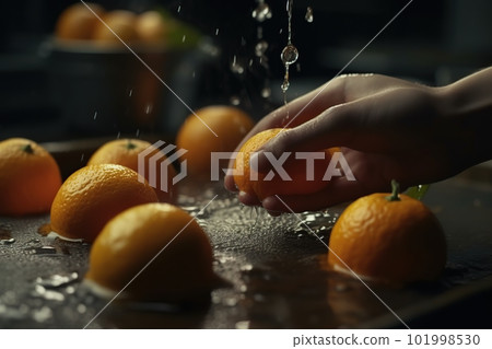 Hands of woman washing ripe orange under faucet in the sink kitchen. made with generative AI Hands of woman washing ripe orange under faucet in the sink kitchen. made with generative AI 101998530