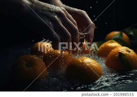 Hands of woman washing ripe orange under faucet in the sink kitchen. made with generative AI 101998533