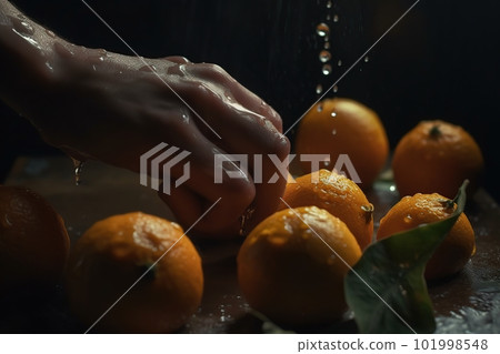 Hands of woman washing ripe orange under faucet in the sink kitchen. made with generative AI 101998548