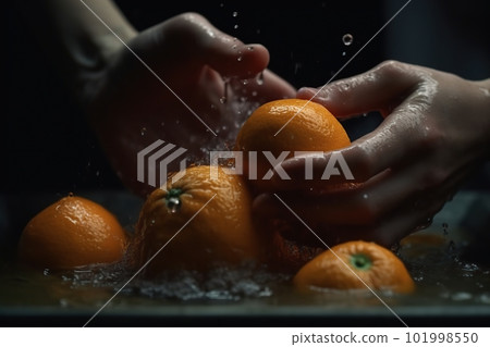 Hands of woman washing ripe orange under faucet in the sink kitchen. made with generative AI Hands of woman washing ripe orange under faucet in the sink kitchen. made with generative AI 101998550