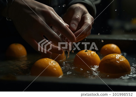 Hands of woman washing ripe orange under faucet in the sink kitchen. made with generative AI Hands of woman washing ripe orange under faucet in the sink kitchen. made with generative AI 101998552