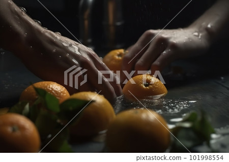 Hands of woman washing ripe orange under faucet in the sink kitchen. made with generative AI Hands of woman washing ripe orange under faucet in the sink kitchen. made with generative AI 101998554