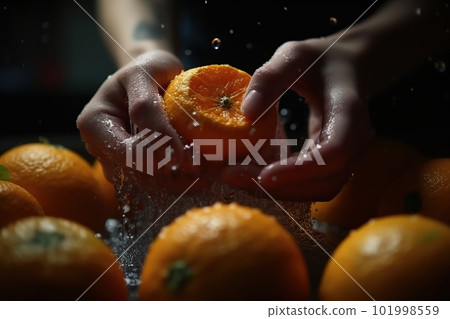 Hands of woman washing ripe orange under faucet in the sink kitchen. made with generative AI 101998559