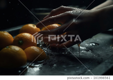 Hands of woman washing ripe orange under faucet in the sink kitchen. made with generative AI 101998561