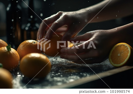 Hands of woman washing ripe orange under faucet in the sink kitchen. made with generative AI 101998574