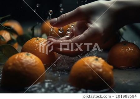 Hands of woman washing ripe orange under faucet in the sink kitchen. made with generative AI 101998594
