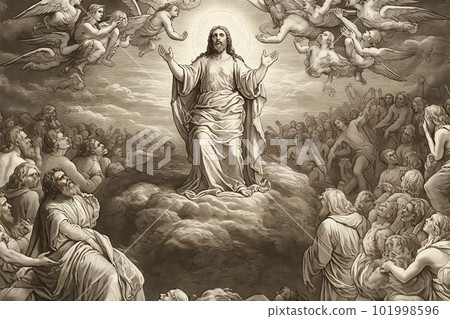 An illustration of the ascension day of Jesus Christ. Biblical Series made with generative AI An illustration of the ascension day of Jesus Christ. Biblical Series made with generative AI 101998596