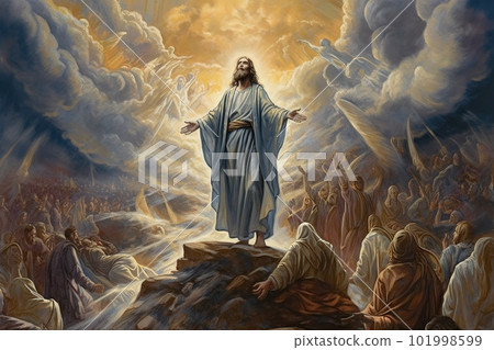 An illustration of the ascension day of Jesus Christ. Biblical Series made with generative AI 101998599