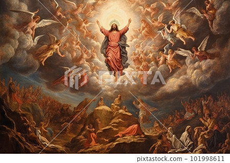 An illustration of the ascension day of Jesus Christ. Biblical Series made with generative AI An illustration of the ascension day of Jesus Christ. Biblical Series made with generative AI 101998611