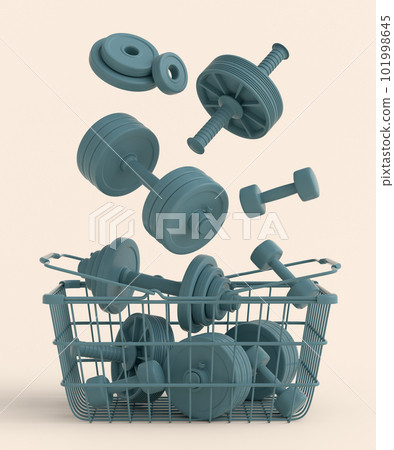 Sport equipment for fitness, gym in shopping basket on monochrome 101998645