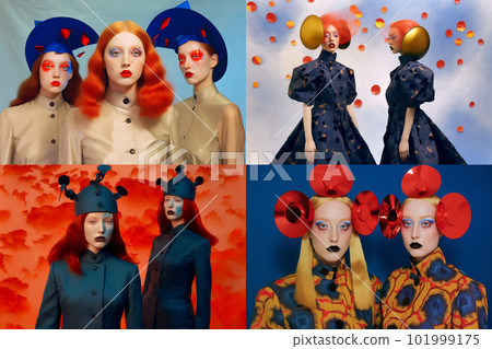 Illustration of a white female model, unique fashion 101999175
