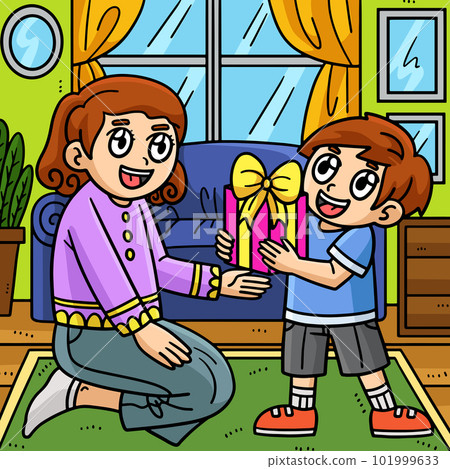 Mothers Day Child Giving Gift Colored Cartoon 101999633