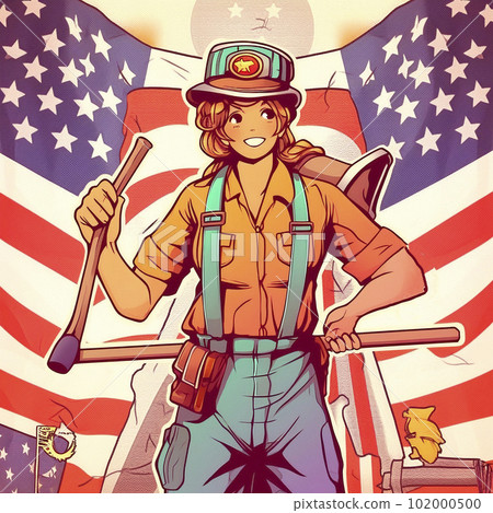 Labor Day, the union of all workers. Girl on the background of the flag 102000500