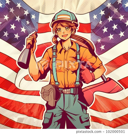 Labor Day, the union of all workers. Girl on the background of the flag Labor Day, the union of all workers. Girl on the background of the flag 102000501