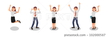 Smiling Man and Woman Office Worker Wearing Red Tie and Formal Suit Enjoying Success and Cheering Vector Illustration Set Smiling Man and Woman Office Worker Wearing Red Tie and Formal Suit Enjoying Success and Cheering Vector Illustration Set 102000587