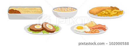 Delicious English Dish with Baked Meat Pudding, Fish and Chips, Meatloaf and Porridge Vector Set Delicious English Dish with Baked Meat Pudding, Fish and Chips, Meatloaf and Porridge Vector Set 102000588