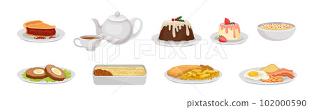 Delicious English Dish with Pie, Pudding, Fish and Chips, Meatloaf and Tea Vector Set Delicious English Dish with Pie, Pudding, Fish and Chips, Meatloaf and Tea Vector Set 102000590