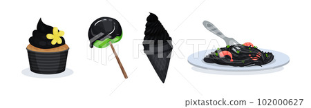 Black Food with Cupcake, Candy, Ice Cream and Pasta Vector Set Black Food with Cupcake, Candy, Ice Cream and Pasta Vector Set 102000627