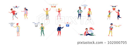 Drone Service and Delivery with People Characters Using Modern Smart Technology Vector Set 102000705