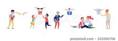 Drone Service and Delivery with People Characters Using Modern Smart Technology Vector Set 102000706