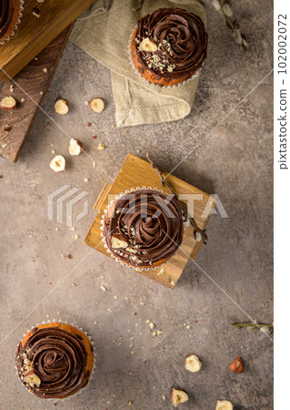 Chocolate chip muffins decorated with chocolate ganache 102002072