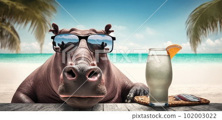Hippopotamus is on summer vacation at seaside resort and relaxing on summer beach Hippopotamus is on summer vacation at seaside resort and relaxing on summer beach 102003022