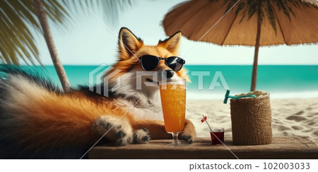 fox is on summer vacation at seaside resort and relaxing on summer beach fox is on summer vacation at seaside resort and relaxing on summer beach 102003033