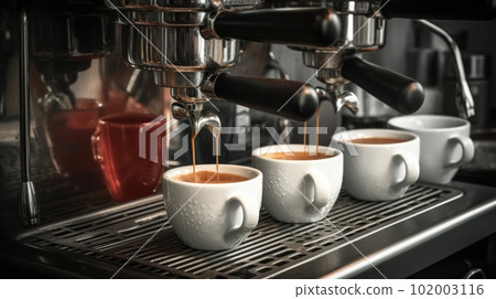 Coffee machine making fresh coffee pouring in a cup at the coffee shop. Generative AI AIG21. 102003116