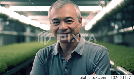An ambitious asian male farmer looking at the camera in the indoor farm smiling happily. Generative AI AIG 20. 102003197