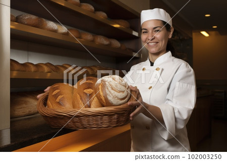 Smiling spanish female baker standing in home kitchen holding bread in basket. Generative AI AIG21. 102003250