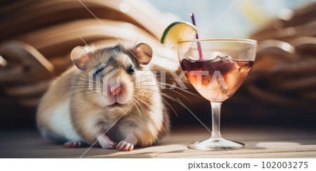 Hamster is on summer vacation at seaside resort and relaxing on summer beach Hamster is on summer vacation at seaside resort and relaxing on summer beach 102003275