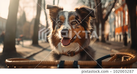 Australian Shepherd dog have fun bicycle ride on sunshine day morning in summer on town street 102003287