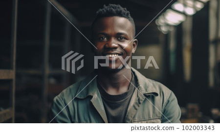 A smiling African male factory worker standing in metal sheet factory A smiling African male factory worker standing in metal sheet factory 102003343