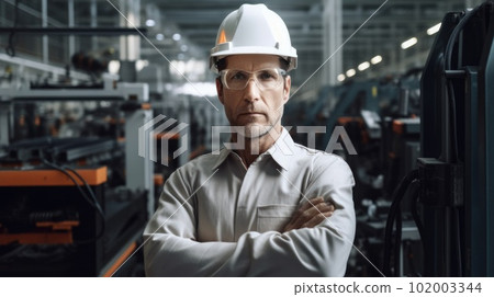 40s engineer, wearing safety uniform, standing in blur background of smart factory with robotic arms. Generative AI AIG20. 40s engineer, wearing safety uniform, standing in blur background of smart factory with robotic arms. Generative AI AIG20. 102003344