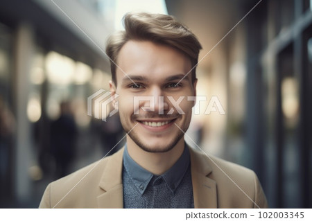 Young smart swedish businessman, smiling face, standing in blur background of busy office. Generative AI AIG20. Young smart swedish businessman, smiling face, standing in blur background of busy office. Generative AI AIG20. 102003345
