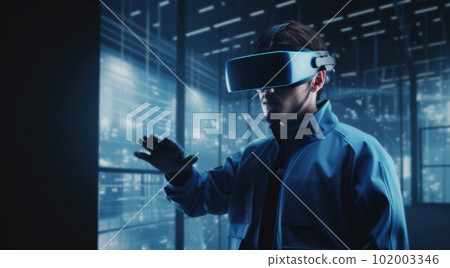 Architect worker in protective outfit using virtual reality to view large digital models in the style of dark gray and light azure.Generative AI AIG21. Architect worker in protective outfit using virtual reality to view large digital models in the style of dark gray and light azure.Generative AI AIG21. 102003346