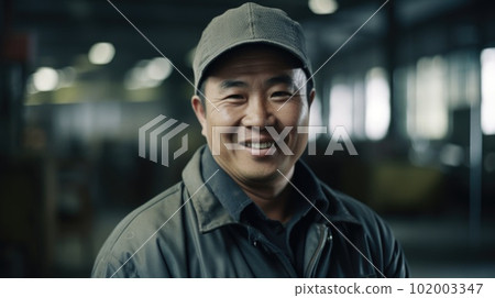 A smiling Chinese male factory worker standing in metal sheet factory A smiling Chinese male factory worker standing in metal sheet factory 102003347