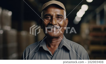 A smiling senior Indian male factory worker standing in warehouse 102003408
