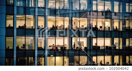 Outside view of office building many window with business people working inside. Generative AI AIG18. 102004042