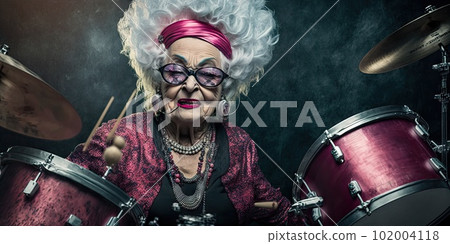 glam rock elderly woman drummer glam metal guitar rehearsal 102004118