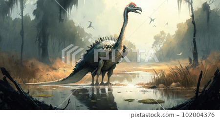 Prehistoric creature or dinosaur in the wild nature. Realistic style drawing. Prehistoric creature or dinosaur in the wild nature. Realistic style drawing. 102004376