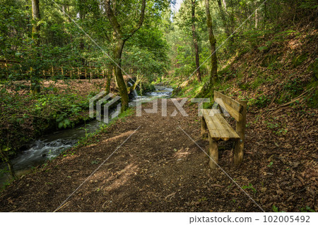 Wooden bench on the bank of the river Lourido in the park of the fountain of Stanislaus 102005492